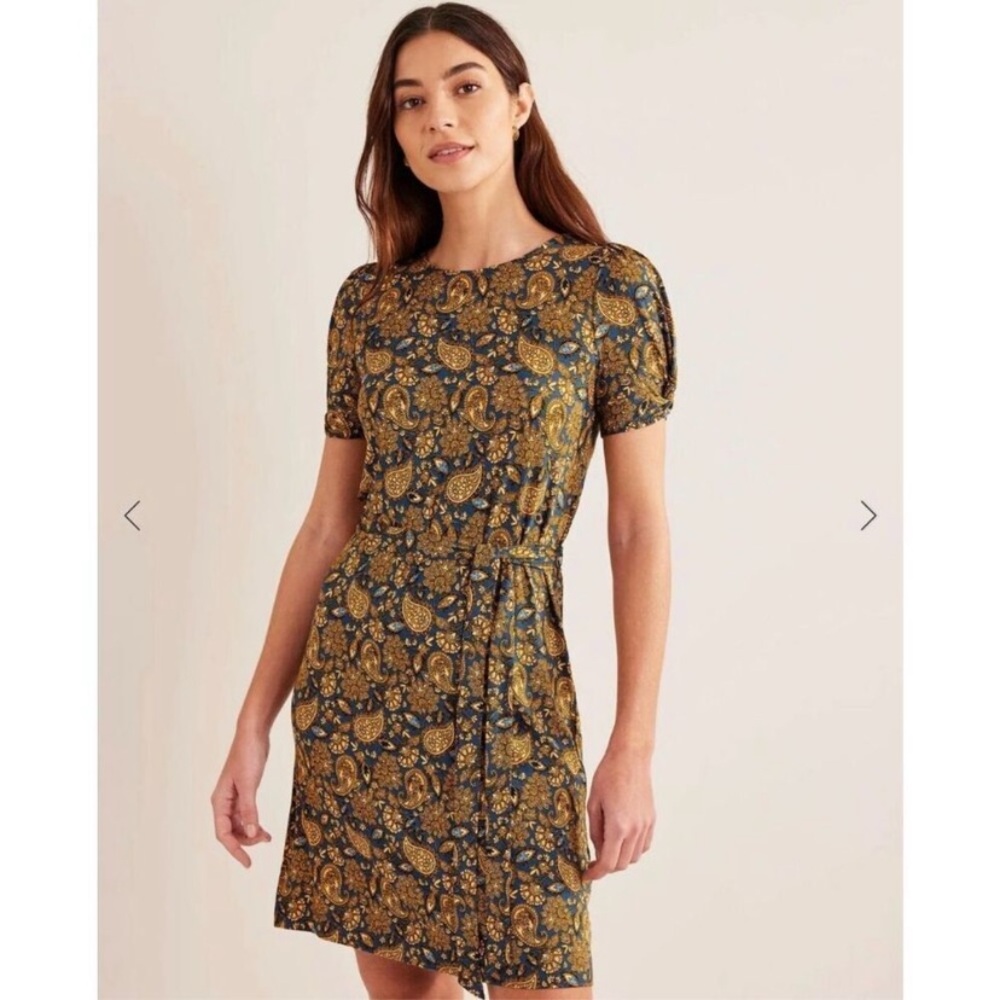 Boden Gold and Blue Sheath Dress Short Sleeve Tie Waist, Sz 6